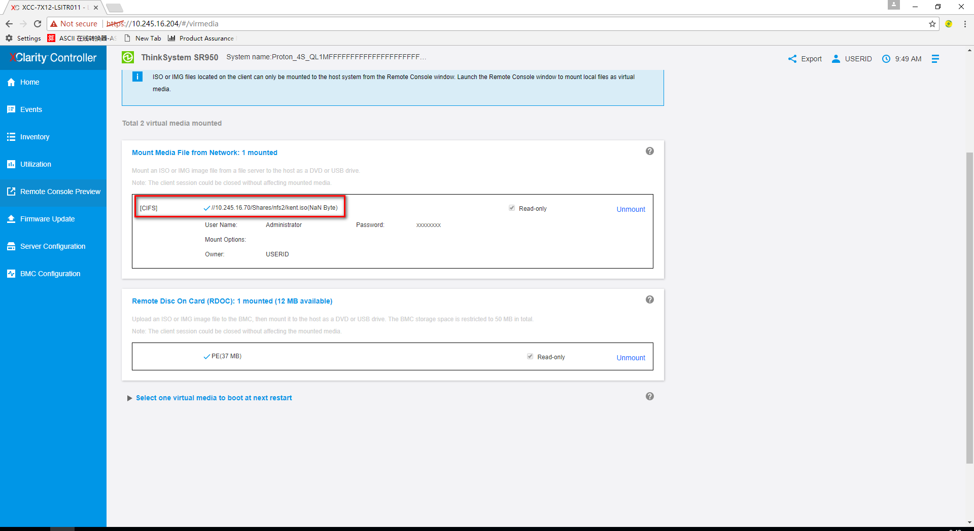 The size of media mounted from the network shows NaN Byte on XCC