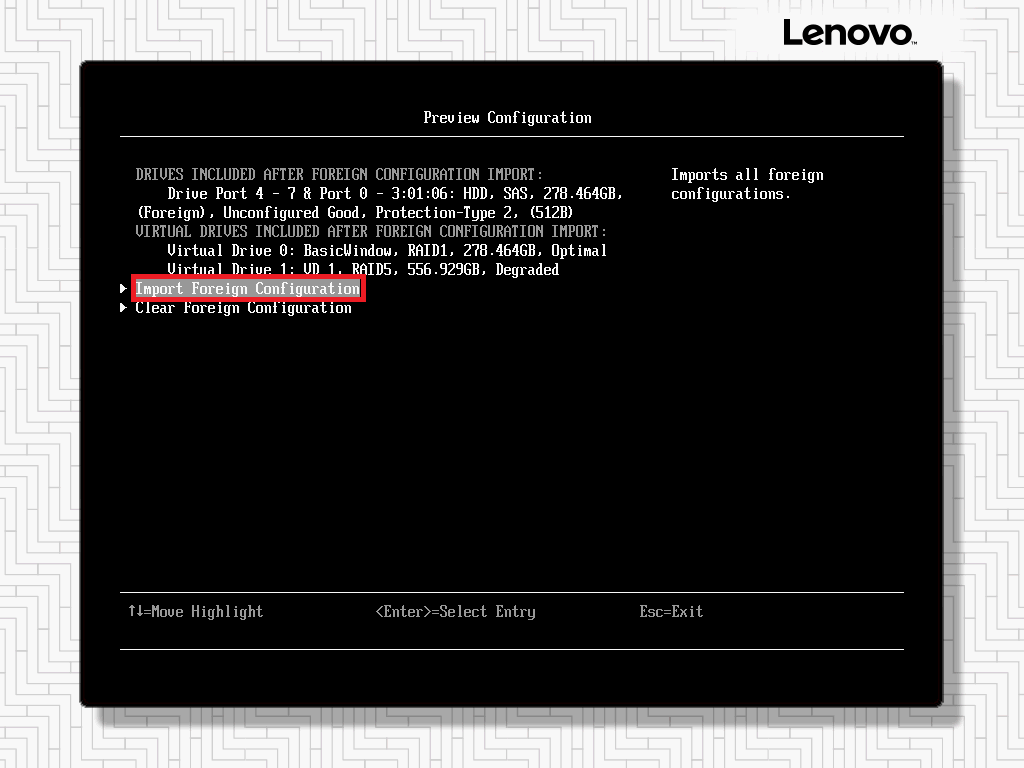 Как импортировать конфигурацию внешнего массива в RAID-контроллер,  используя текстовый режим UEFI - Lenovo Support RU