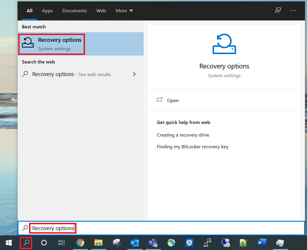 open recovery options using the Windows search feature