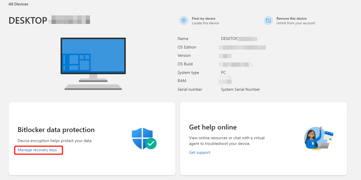 How to view the Bitlocker recovery key on the official Microsoft 