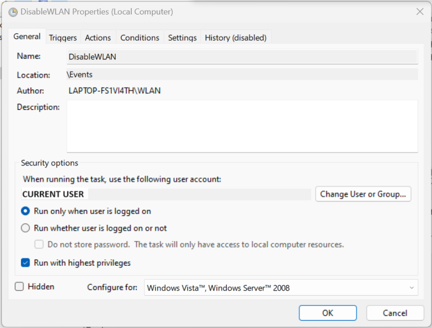 How to configure Windows Task Scheduler to disable the wireless 