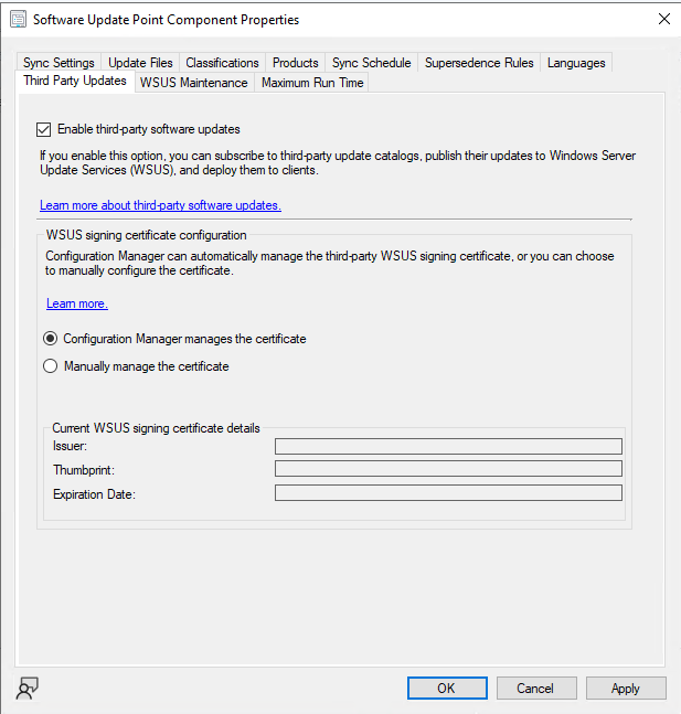 Configuration Manager Software Update Point Properties Third Party Updates