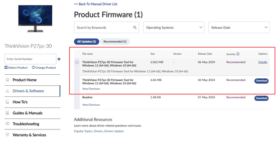 How to find monitor firmware on the Lenovo eSupport website